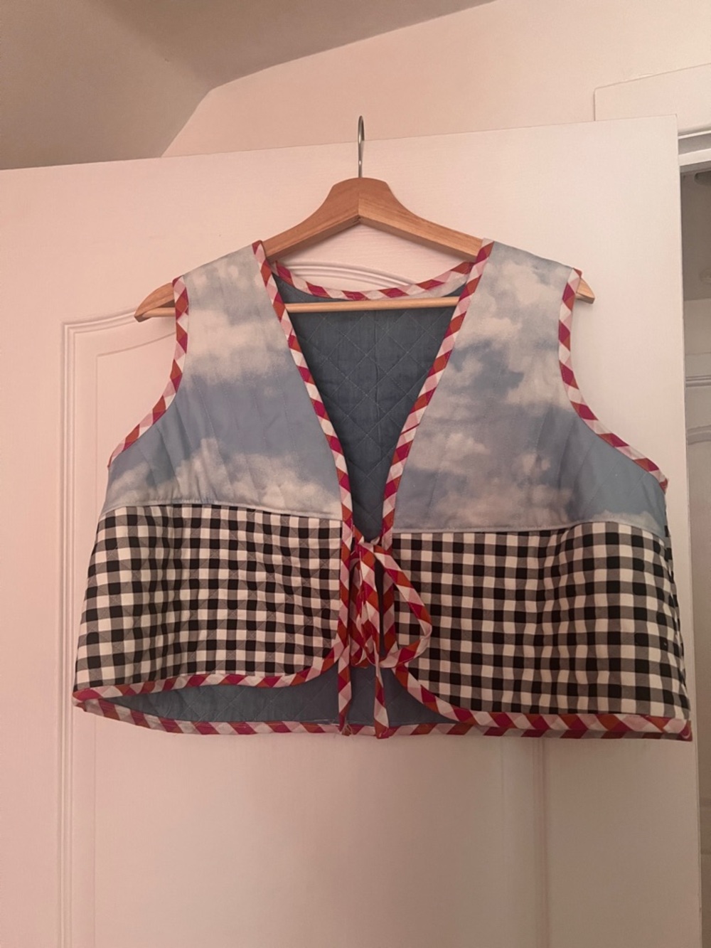 Handmade!! Patchwork Tie-Front Vest in Sky Blue, Black & White Gingham